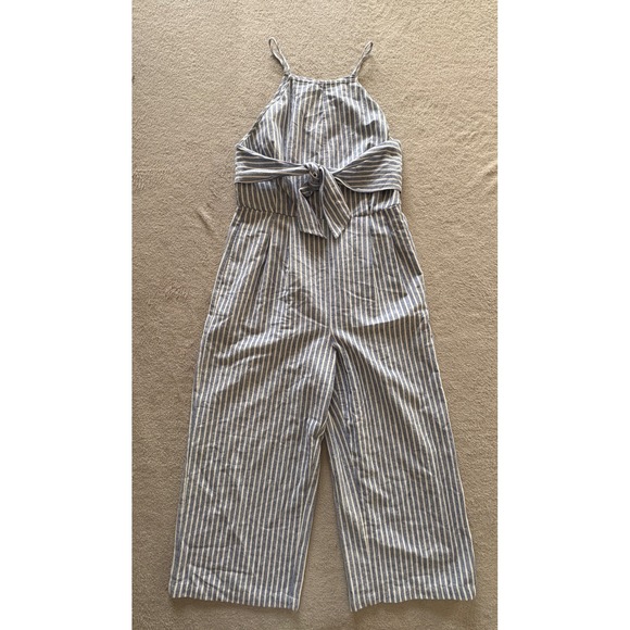 Greylin Pants - Greylin Blue White Striped Halter Front Tie Wide Leg Jumpsuit Womens Medium